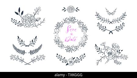 Vettore floreale impostato con bouquet di rose, peonia, anemone, Sakura, fiori selvatici. Disegnata a mano rustica frame isolati, frontiere, corona . Illustrazione Vettoriale