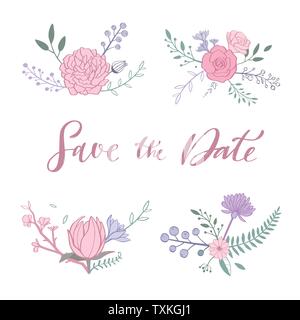 Vettore floreali bouquet di rose, peonia, anemone, Sakura, fiori selvatici. Disegnata a mano rustica oggetti isolati. Decorative biglietti di invito per matrimonio Illustrazione Vettoriale