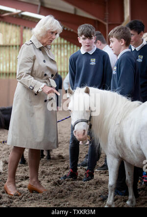 La duchessa di Cornovaglia, che è noto come la duchessa di Rothesay quando in Scozia, incontra gli studenti da Aboyne Academy con Pinky il pony durante una visita a cavallo UK, nel sud Ferrar, Aboyne. La carità che supporta i veterani e i bambini si festeggia il suo decimo compleanno. Foto Stock