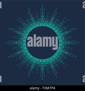 Espansione della vita. Esplosione colorata lo sfondo con la linea collegata e puntini, flusso d'onda. Visualizzazione tecnologia quantistica. Grafica astratta Illustrazione Vettoriale