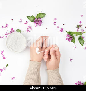 Due mani femminili e un vaso con crema pasticcera e fiori di colore rosa con foglie verdi, vista dall'alto, il concetto di anti-invecchiamento delle procedure per il ringiovanimento e moistu Foto Stock