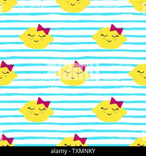 Limoni Kawaii Pattern. Vector seamless Texture di felice il giallo dei limoni su uno sfondo a strisce. Può essere utilizzato per la carta da parati, tessuti, carta da imballaggio, po Illustrazione Vettoriale