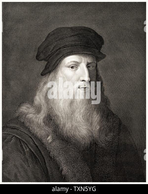 Ritratto di Leonardo da Vinci, 1452-1519, incisione di Niccolo Guidetti, 1801-1900 Foto Stock