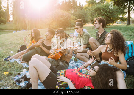 Gruppo di amici rilassante, suonare la chitarra al picnic nel parco Foto Stock