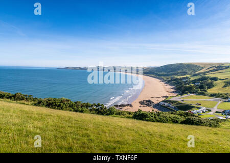 Vista panoramica della spiaggia di Putsborough in North Devon con Woolacombe in background Foto Stock