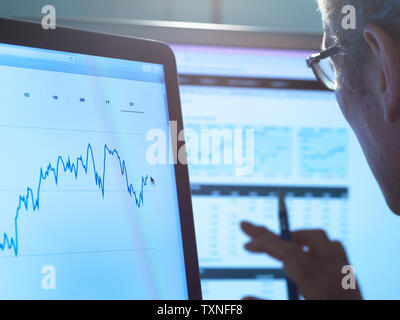 Servizi finanziari, analista di stock di ricerca di condividere dati di prezzo di una società sul computer Foto Stock