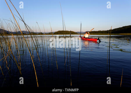 Un felice athletic donna kayak al tramonto su un lago Foto Stock