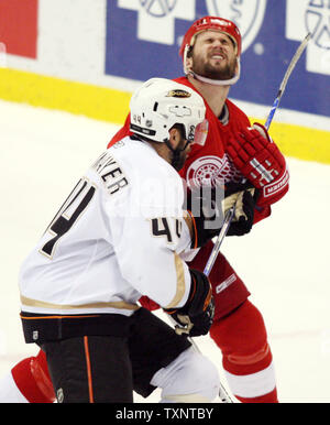 Anaheim Ducks center Rob Niedermayer (44) wacks ali rosse di Detroit defenceman Brett Lebda in faccia con il suo bastone durante il secondo periodo di gioco a due della Western Conference finals alla Joe Louis Arena di Detroit su 13 Maggio, 2007. Niedermayer è stato dato un due minuti di penalità per l'incidente. (UPI foto/Scott R. Galvin) Foto Stock