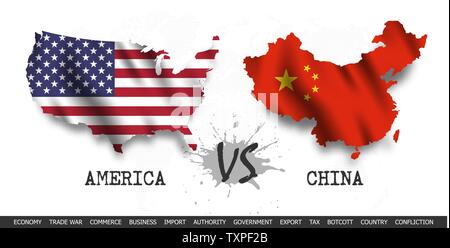 Guerra commerciale . Stati Uniti d'America contro la Cina . Sventola bandiera e la mappa sulla mappa del mondo sfondo . Vector . Illustrazione Vettoriale