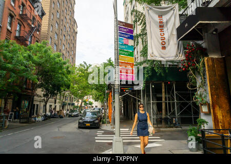 Commemorative segni di strada in corrispondenza dell'intersezione di Gay e Christopher strade nel Greenwich Village di New York lunedì, 17 giugno 2019 la visualizzazione alternativa di identità di genere per Stonewall 50/ World Pride. Sponsorizzato da Mastercard per promuovere il loro "vero nome", iniziativa il cambiamento nel protocollo consente ai membri della comunità LGBTQ per scegliere il loro nome sulle loro carte di credito, di debito o carta prepagata. (© Richard B. Levine) Foto Stock