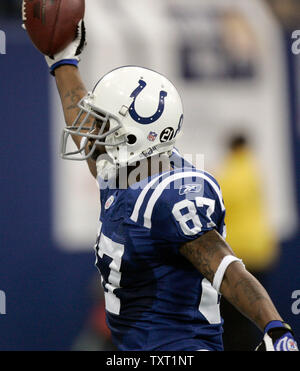 Indianapolis Colts wide receiver Reggie Wayne (87) celebra il suo 48-cantiere touchdown cattura nel primo trimestre contro Jacksonville Jaguars al RCA Dome di Indianapolis il 2 dicembre 2007. (UPI foto/Mark Cowan) Foto Stock