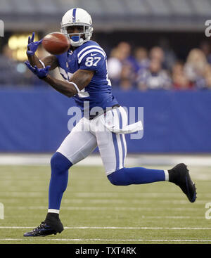 Indianapolis Colts wide receiver Reggie Wayne (87) rende un 9-cantiere fermo contro i delfini di Miami durante il primo trimestre a Lucas Oil Stadium di Indianapolis, IN., 4 novembre 2012. UPI /Mark Cowan Foto Stock