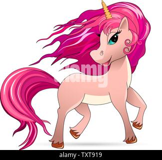 Unicorn con una criniera di colore rosa su sfondo bianco. Illustrazione Vettoriale