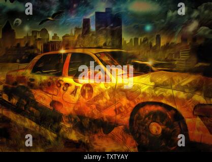 Pittura surreale. New York taxi o taxi giallo Foto Stock