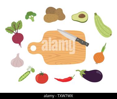 Tagliere in legno con coltello e verdure. Scheda di cottura poster con pomodori, peperone, cipolla, avocado, melanzane, patate, broccoli, zucchine, piselli, barbabietole Illustrazione Vettoriale