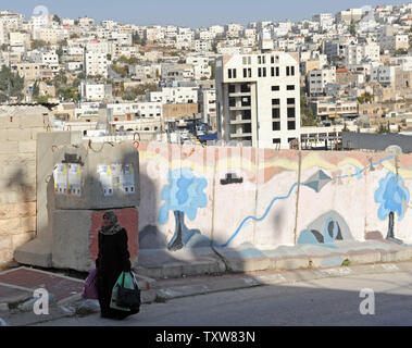 Una donna Palestinese passeggiate da barriere di cemento nella West Bank city Hebron, 3 dicembre 2009. Il primo ministro Benjamin Netanyahu si è incontrato con i leader dei coloni nel tentativo di placare le tensioni su una West Bank Settlement freeze di costruzione. UPI/Debbie Hill Foto Stock