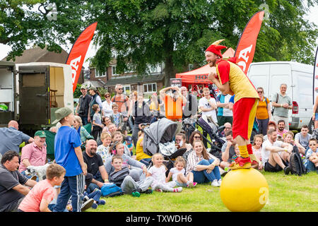 James il buffone da Chester mentre sta eseguendo al 2019 Lymm storica giornata di trasporto Foto Stock