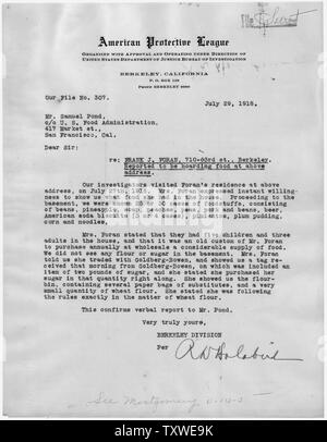 American League protettivo a U. S. Il cibo Administration re: Frank J. specifiche diun; Portata e contenuto: Questa lettera è stata ricevuta dalla California Amministratore di cibo dalla American League protettivo. La lega è stata una organizzazione patriottica che spiato su individui e aziende e ha riferito accuse di cibo-accaparramento e ad altre agenzie delle Nazioni unite-American attività. La lega è stata interessata in modo particolare German-Americans e sospetti sympathsizers tedesco. Foto Stock