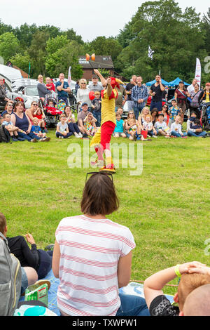 James il buffone da Chester mentre sta eseguendo al 2019 Lymm storica giornata di trasporto Foto Stock