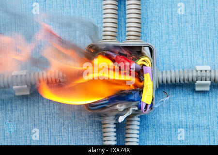 Guasto del cablaggio elettrico, fuoco cominciò a scatola di distribuzione. Foto Stock