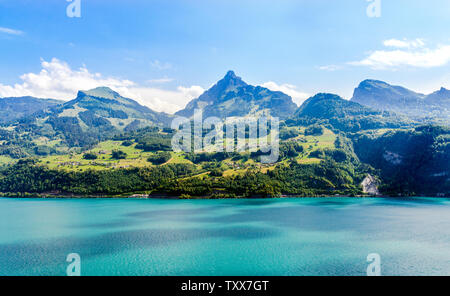 Vista sul Walensee (Lago di Walen) vicino Beltis, Weesen, Amden. San Galen, Glarona, Svizzera. Foto Stock