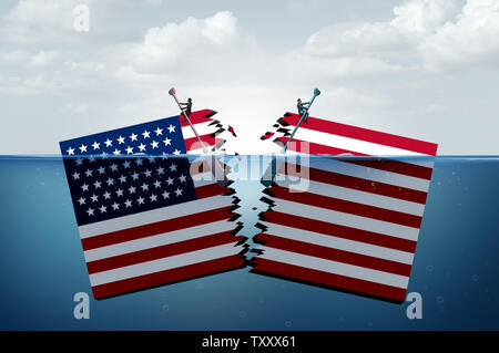Diviso gli Stati Uniti e la politica partigiana come repubblicani e democratici spalato e allargare il divario politico con 3D'illustrazione degli elementi. Foto Stock