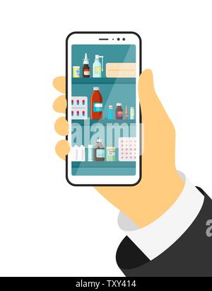 Online mobile medical. Mano con smartphone con farmacia medicina app. Pillole di capsule di bottiglie di vitamine e compresse per interni negozio scaffali in Illustrazione Vettoriale