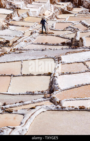 Uomo al lavoro su Salineras de Maras / Maras Miniere di Sale. Estrazione del sale a Maras saline, terrazze e stagni, Perù Valle Sacra. Foto Stock