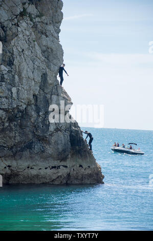 Uomo salta fuori da una scogliera in mare per battere il calore alla porta di Durdle Foto Stock