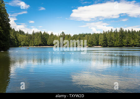 Bellissimo lago di montagna con rive boscose sotto il cielo blu su una soleggiata giornata estiva Foto Stock