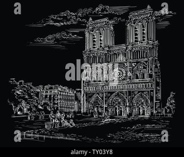 Vettore di disegno a mano illustrazione della cattedrale di Notre Dame (Parigi, Francia). Punto di riferimento di Parigi. Paesaggio con la cattedrale di Notre Dame. Vettore di disegno a mano Illustrazione Vettoriale