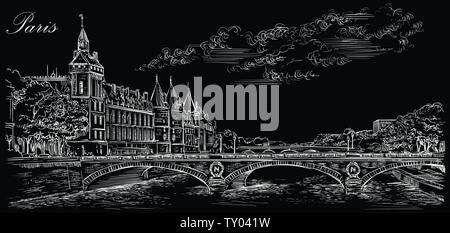 Vettore di disegno a mano illustrazione del castello di Conciergerie (Parigi, Francia). Punto di riferimento di Parigi. Paesaggio panoramico con Conciergerie e Saint Mi Illustrazione Vettoriale
