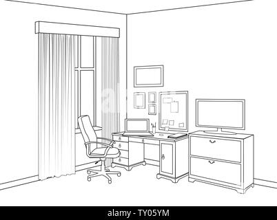 Schizzo interno di home office room. Delineare la progettazione di mobili cabinet room. Vista di progetto Illustrazione Vettoriale