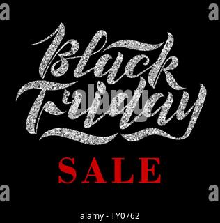Manoscritte spazzola moderno scritte glitter con texture. Venerdì nero su sfondo nero. Cool logo per banner, flyer, etichetta, poster. Illustrazione Vettoriale