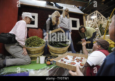 Volontari luogo fiori freschi sul galleggianti come preparazioni sono fatte per il centoventesimo Rose Parade di Pasadena, in California, il 30 dicembre 2008. Quest'anno la sfilata è a tema Hats Off to entertainment e si terrà il 1 gennaio 2009. (UPI Photo/ Phil McCarten) Foto Stock