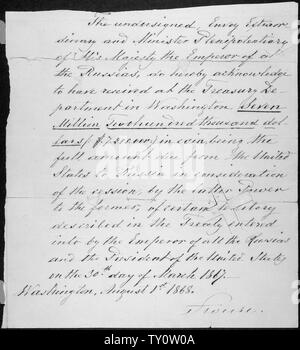 Progetto per il pagamento per acquisto di Alaska, campo di applicazione e il contenuto: Nel 1866 il governo russo ha offerto di vendere il territorio di Alaska negli Stati Uniti. Il segretario di Stato William H. Seward, entusiasta della prospettiva di espansione americana, ha negoziato la trattativa per gli americani. Eduard de Stoekl, ministro russo negli Stati Uniti, ha negoziato per i russi. Il 30 marzo 1867, le due parti concorda sul fatto che gli Stati Uniti avrebbero pagato la Russia $7.2 milioni di euro per il territorio dell'Alaska. Per meno di 2 centesimi un acro, gli Stati Uniti hanno acquisito quasi 600.000 miglia quadrate. Gli avversari di Foto Stock