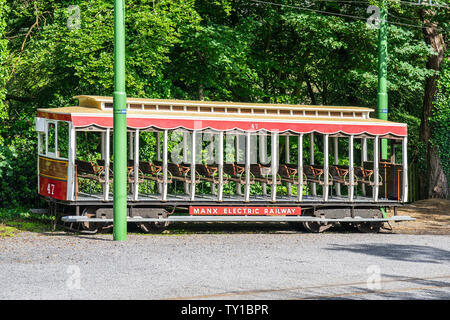 Laxey, Isola di Man, 15 giugno 2019. La Manx elettrica ferroviaria è un elettrico interurbano di collegamento tranviario Douglas, Laxey e Ramsey nell'Isola di Man Foto Stock