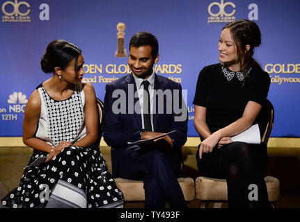 Attori Zoe Saldana, Aziiz Ansari e Olivia Wilde preparare per la settantunesima Annuale di Golden Globe Awards le candidature degli annunci presso il Beverly Hilton Hotel di Beverly Hills, la California il 12 dicembre 2013. I vincitori saranno annunciati durante una trasmissione televisiva NBC il 12 gennaio 2014. UPI/Jim Ruymen Foto Stock