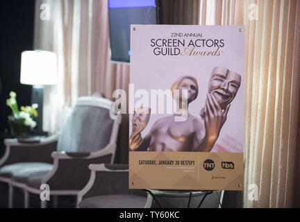 Sono in corso preparativi per la XXII edizione Screen Actors Guild Awards a Los Angeles il 29 gennaio 2016. I premi saranno presentati il 30 gennaio. Foto di Phil McCarten/UPI Foto Stock