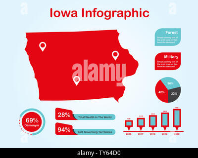 Iowa State University (USA) Mappa con set di elementi infografico in colore rosso alla luce dello sfondo. Informazioni moderno elemento di grafica per il tuo design. Foto Stock