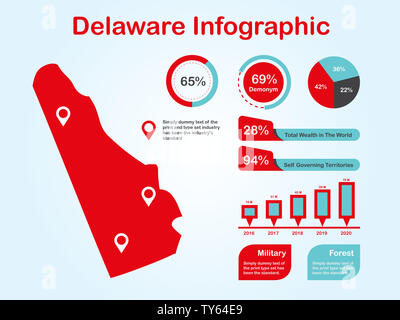 Lo Stato del Delaware (USA) Mappa con set di elementi infografico in colore rosso alla luce dello sfondo. Informazioni moderno elemento di grafica per il tuo design. Foto Stock
