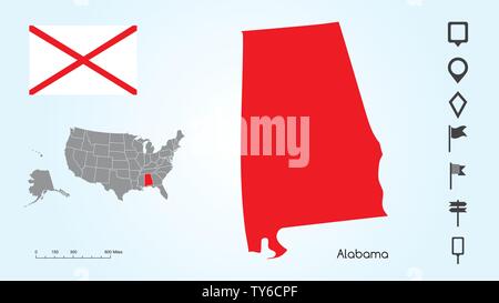 Mappa degli Stati Uniti d'America con lo stato selezionato di Alabama e Alabama bandiera con il localizzatore collezione. Illustrazione Vettoriale