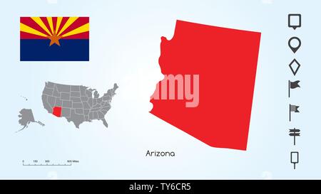 Mappa degli Stati Uniti d'America con lo stato selezionato di Arizona e Arizona bandiera con il localizzatore collezione. Illustrazione Vettoriale