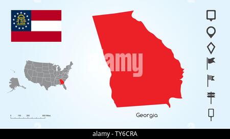 Mappa degli Stati Uniti d'America con lo stato selezionato della Georgia e bandiera con il localizzatore collezione. Illustrazione Vettoriale