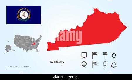 Mappa degli Stati Uniti d'America con lo stato selezionato del Kentucky e Kentucky bandiera con il localizzatore collezione. Illustrazione Vettoriale