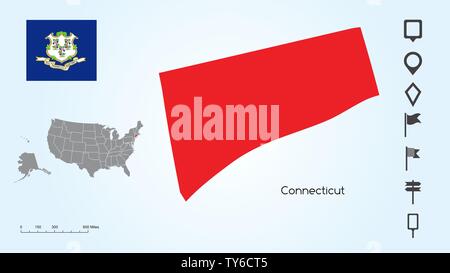 Mappa degli Stati Uniti d'America con lo stato selezionato del Connecticut e Connecticut bandiera con il localizzatore collezione. Illustrazione Vettoriale