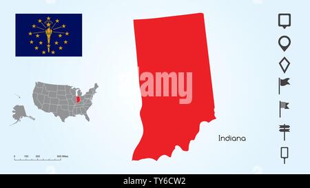 Mappa degli Stati Uniti d'America con lo stato selezionato di Indiana e bandiera indiana con il localizzatore collezione. Illustrazione Vettoriale