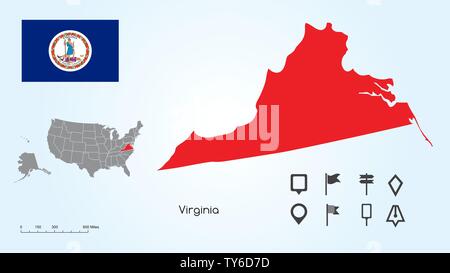 Mappa degli Stati Uniti d'America con lo stato selezionato della Virginia e Virginia bandiera con il localizzatore collezione. Illustrazione Vettoriale