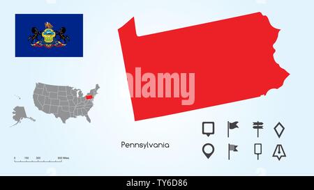 Mappa degli Stati Uniti d'America con lo stato selezionato di Pennsylvania e Pennsylvania bandiera con il localizzatore collezione. Illustrazione Vettoriale