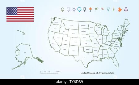 Illustrazione vettoriale di un elevato dettaglio mappa degli Stati Uniti d'America delineare per ciascuno dei paesi con bandiera degli Stati Uniti e la raccolta del localizzatore. Illustrazione Vettoriale